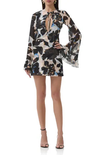 AFRM Kori Cutout Bell Sleeve Mesh Minidress in Shadow Floral at Nordstrom Rack, Size Small | Nordstrom Rack