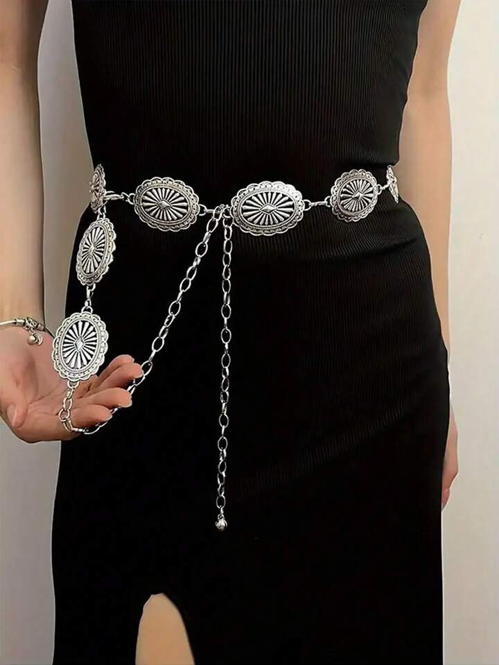 Boho Silver Metal Waist Chain With Oval Cutout, Vintage Dress Accessories Belly Chain, Women's Bo... | SHEIN