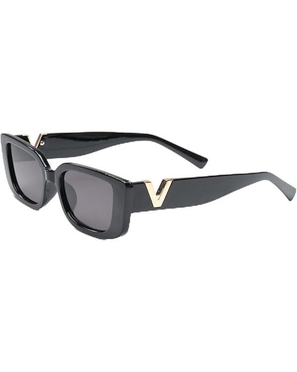 Vintage Fashion Sunglasses for Women | Black Frames and Black Lenses with Gold V on the Side | Su... | Amazon (US)
