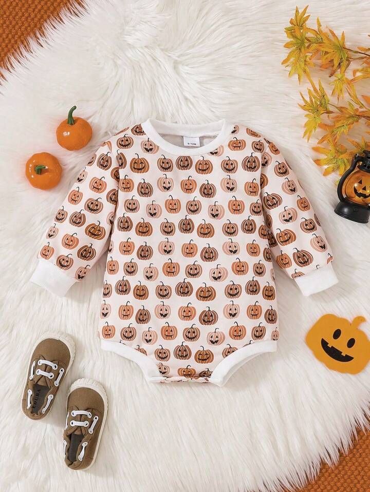 Halloween Autumn And Winter New Baby Boy And Girl Pumpkin Print Long Sleeve One-Piece Casual One-... | SHEIN