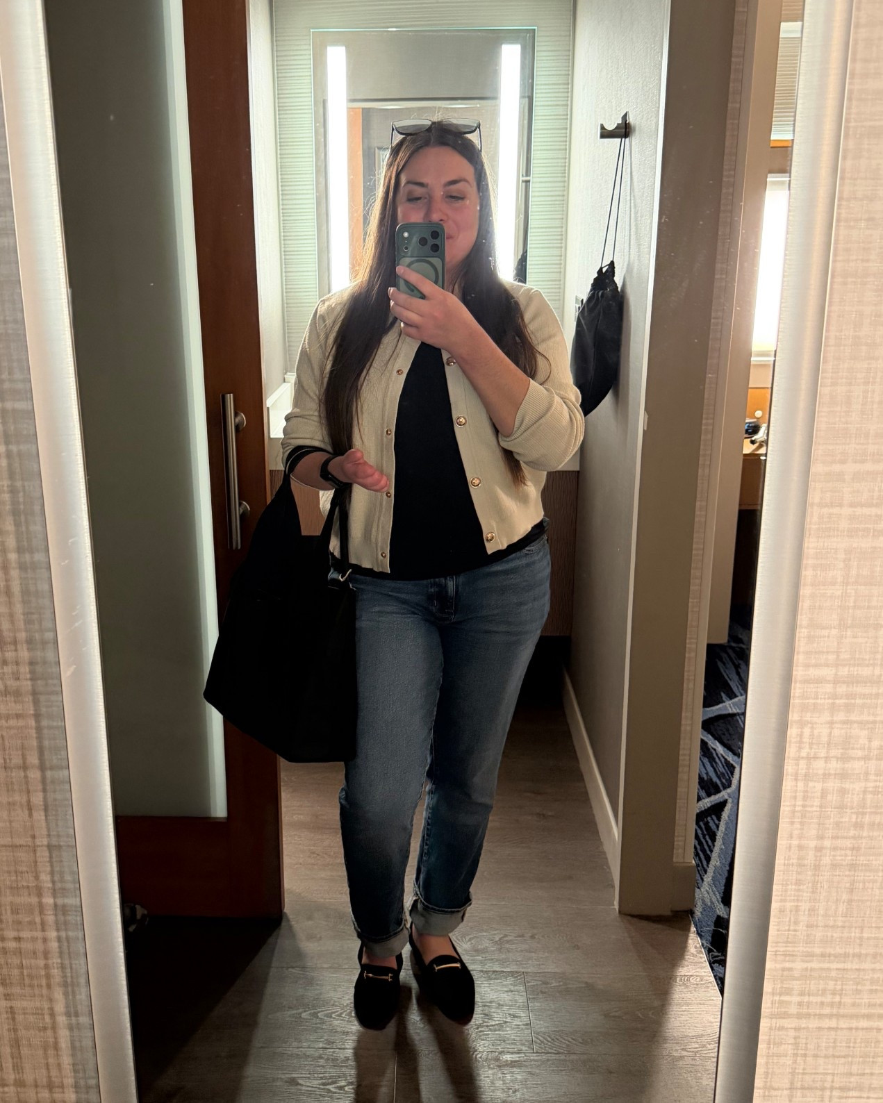 CES conference day 2 look. 

Wearing a 12 in jeans, large tshirt and cardigan (cardigan is a great old find from winners…linked similar)

Shoes are SO comfortable and under $20 so…major win  

#LTKTravel #LTKMidsize #LTKootd