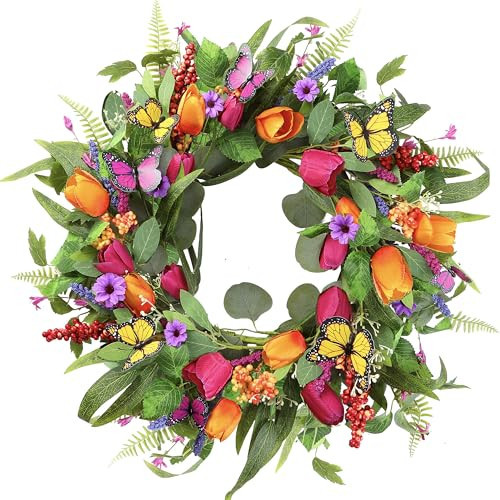 Sggvecsy Spring Summer Wreath for Front Door 22 Inch Artificial Tulips Wreath with Eucalyptus Leaves Lavender Ferns Colorful Silk Flowers Butterflies for Home Farmhouse Indoor Outdoor Wall Decor | Amazon (US)