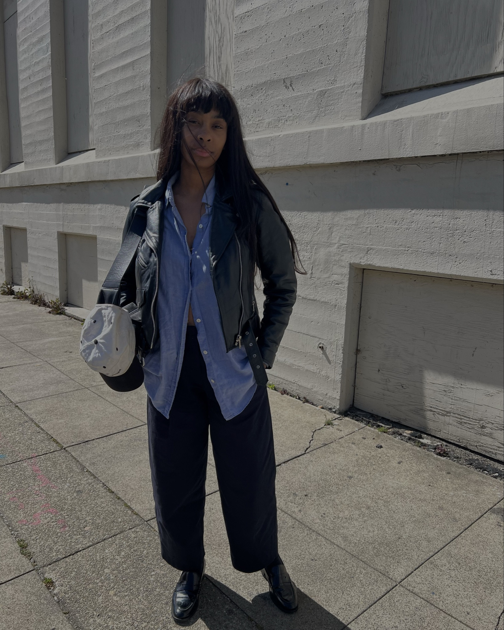 blue oxford shirt, thrifted leather jacket, blue trousers, black loafers, black bag.

#LTKshoecrush #LTKitbag #LTKstyletip