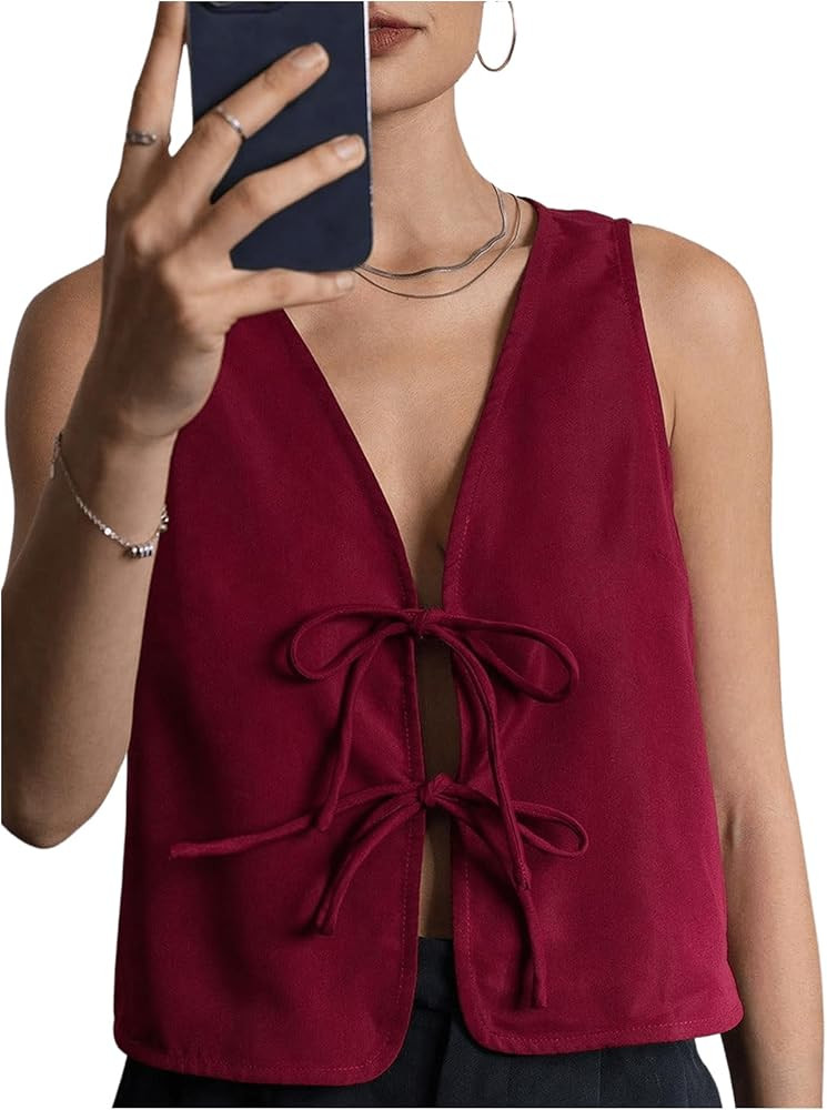 MakeMeChic Women's Bow Tie Front Vest V Neck Sleeveless Summer Vest Tops | Amazon (US)