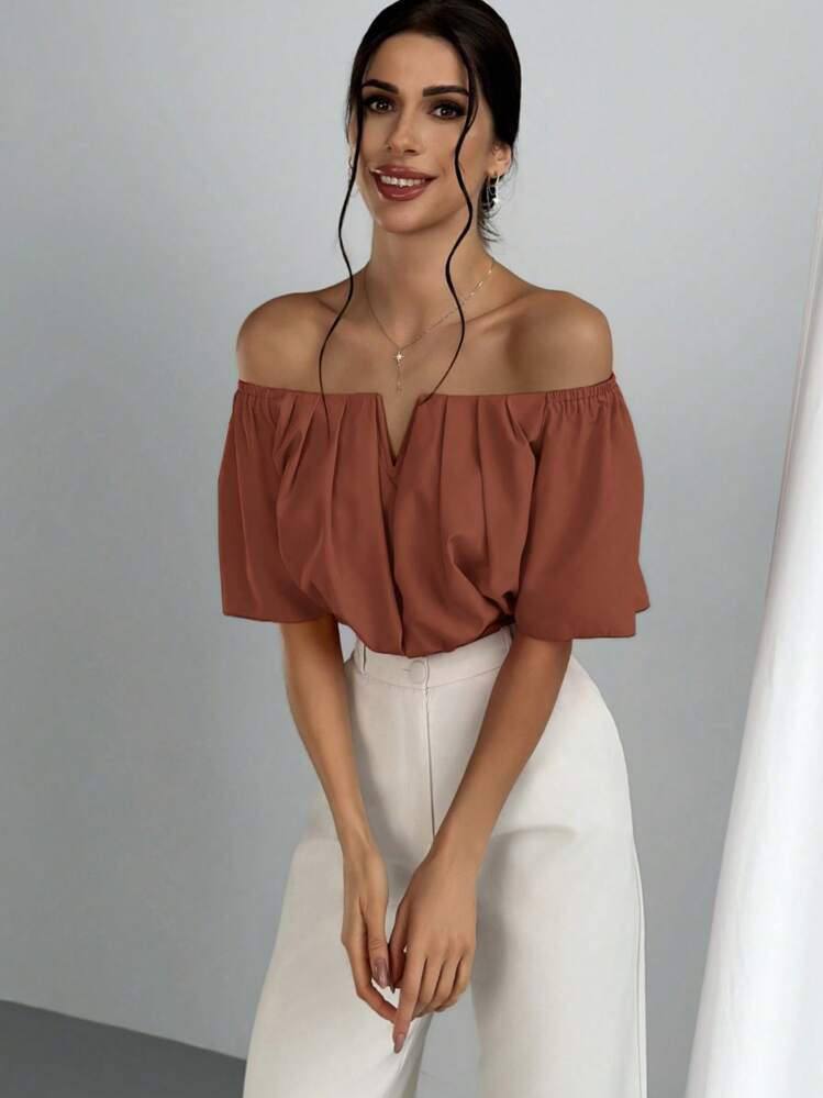 Aloruh Solid Color V-Neck Off Shoulder Casual Top | SHEIN