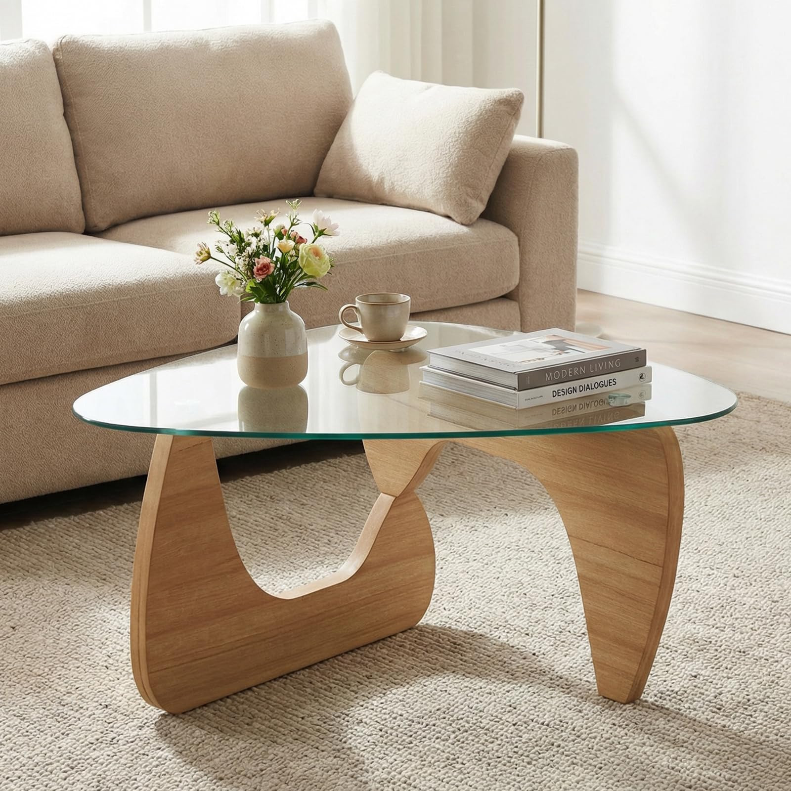 Modern Noguchi Coffee Table for Living Room, Triangle Center Table with Tempered Glass Top and So... | Amazon (US)