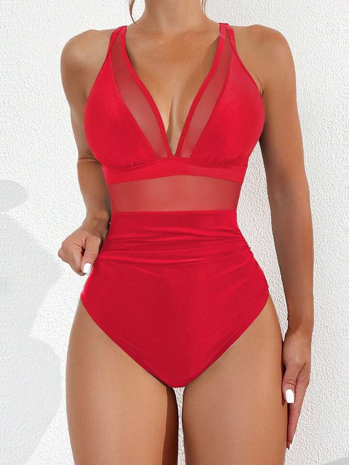 SHEIN Swim Summer Beach Mesh Inset Deep V-Neck One-Piece Swimsuit, Slim Fit | SHEIN