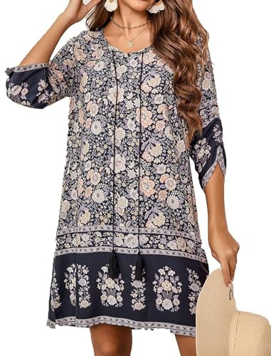 HOTOUCH Cute Boho Dresses for Women Floral Dress for Women Women's Vintage Ethnic Style Printed Tassel Tie Neck Loose Fit Bohemian Tunic Dress Black M | Amazon (US)