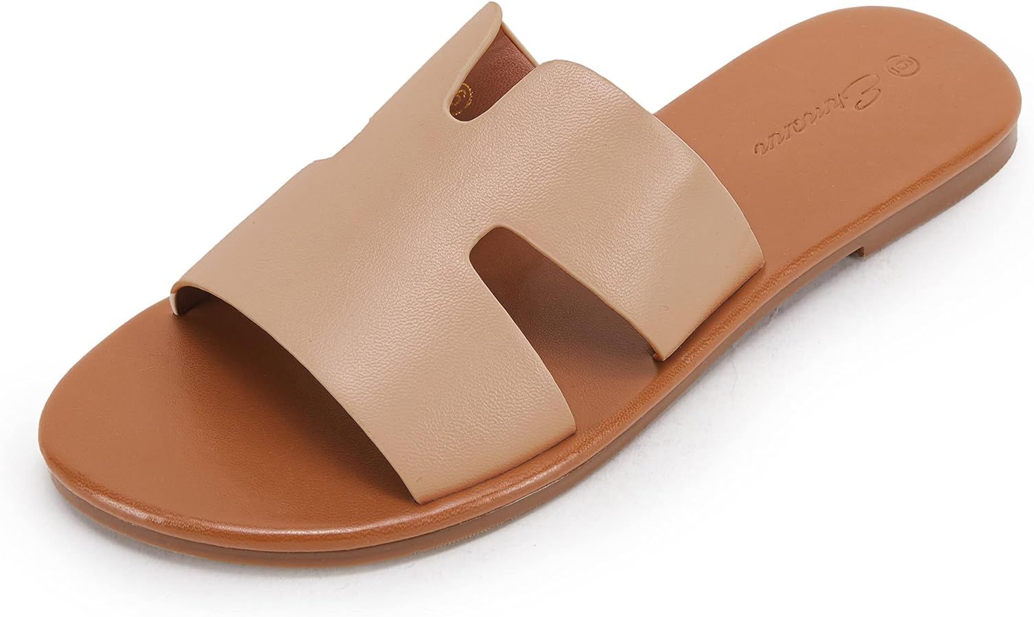 Ermonn Womens Faux Leather Strap Slide Sandals H Cutout Slip On Open Toe Beach Comfort Sandals Su... | Amazon (US)