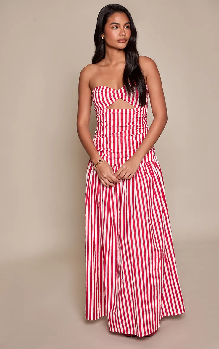 Red Stripe Linen Look Bandeau Cut Out Bust Detail Maxi Dress | PrettyLittleThing USA | PrettyLittleThing US