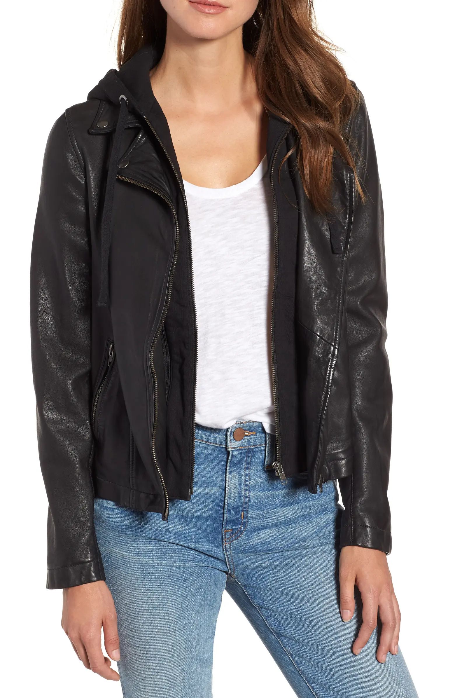 Leather Moto Jacket with Removable Hood | Nordstrom