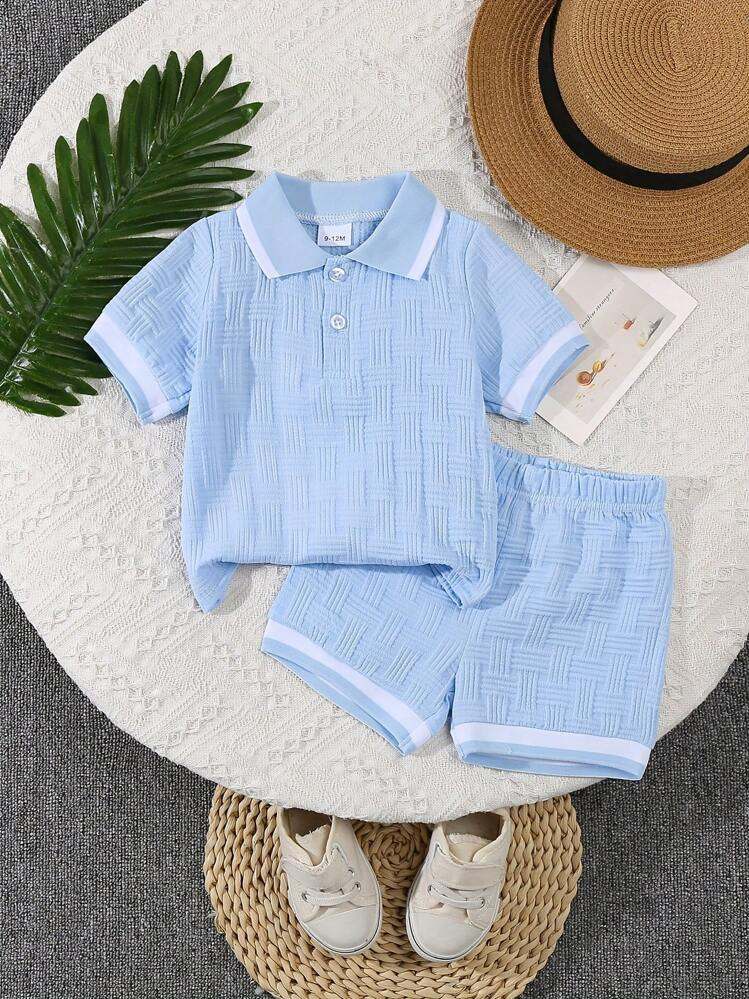 2pcs Baby Boy Summer Polo Collar Jacquard Solid Color Top And Shorts Casual Fashion Set | SHEIN