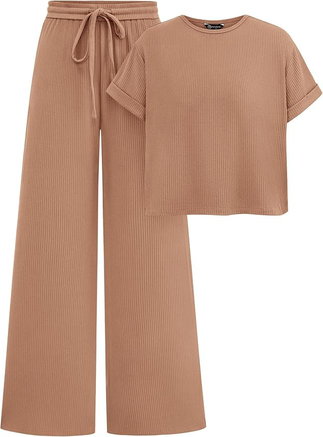 PRETTYGARDEN Womens Short Sleeve T Shirt Wide Leg Pants Tracksuit | Amazon (US)