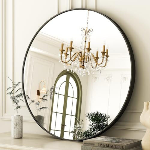 30 Inch Round Bathroom Mirror - Black Wall Mounted Circle Mirror with Metal Frame, Modern Round Hanging Mirror Suitable for Bathroom, Vanity, Entryway, Living Room | Amazon (US)