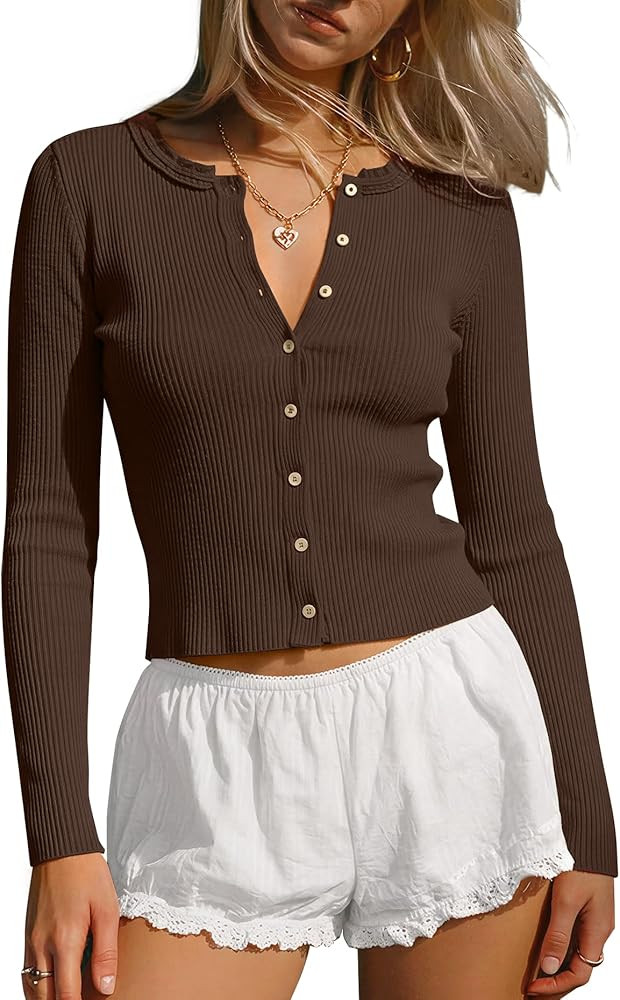 Darong Women's Long Sleeve Ribbed Knit Slim Fit Top Button Down Lightweight Cardigan Going Out Sh... | Amazon (US)