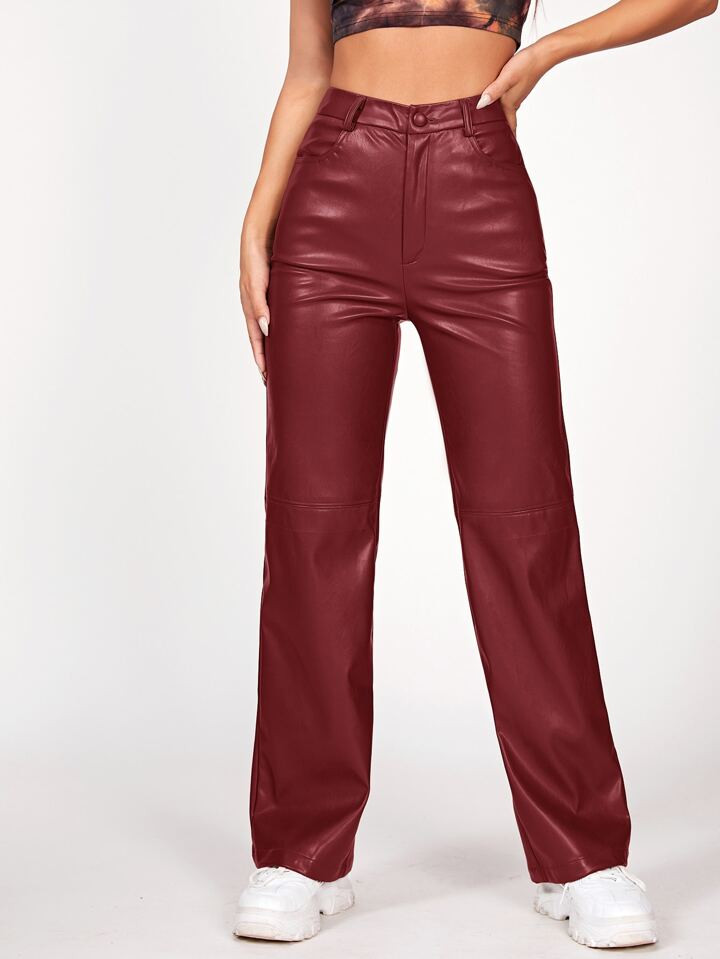SHEIN PETITE Solid PU Leather Straight Leg Pants | SHEIN