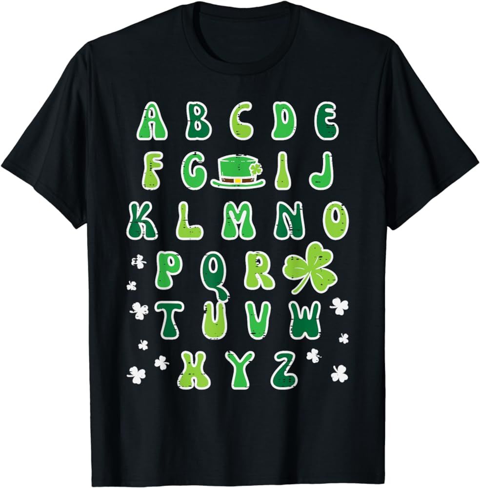 St Patricks Day ABC Alphabet Saint Pattys Paddys Teacher T-Shirt | Amazon (US)