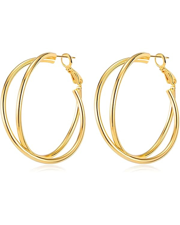 Gold Hoop Earrings for Women 18K Gold Plated - 40mm & 50mm Sizes, Double Layer/Twisted Styles, Hy... | Amazon (US)