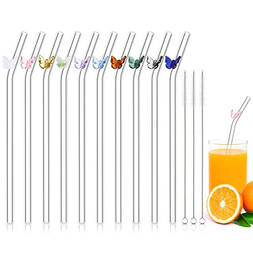 Meanplan 10 Pcs Cute Reusable Glass Straws with Design,8 mm x 7.9'' Shatter Resistant Colorful Butterfly Bow Clear Bent Glass Straw with Cleaning Brush for Drink Party Milkshakes Teas Cocktail Juice | Amazon (US)