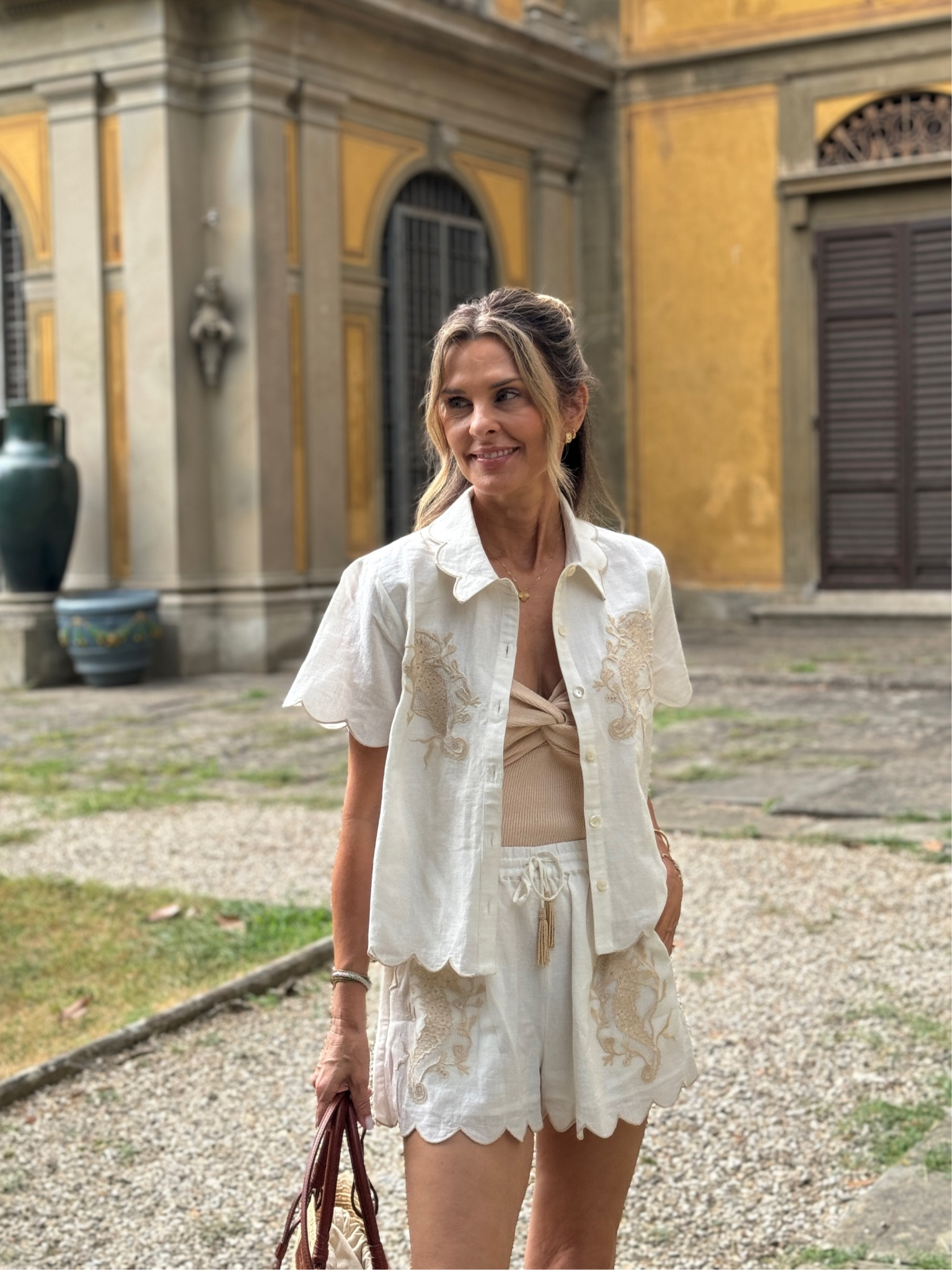 Embroidered top with scallop details  sz XS
-matching shorts sz S 
-Amazon strapless top, sz down 


#LTKStyleTip #LTKTravel #LTKOver40