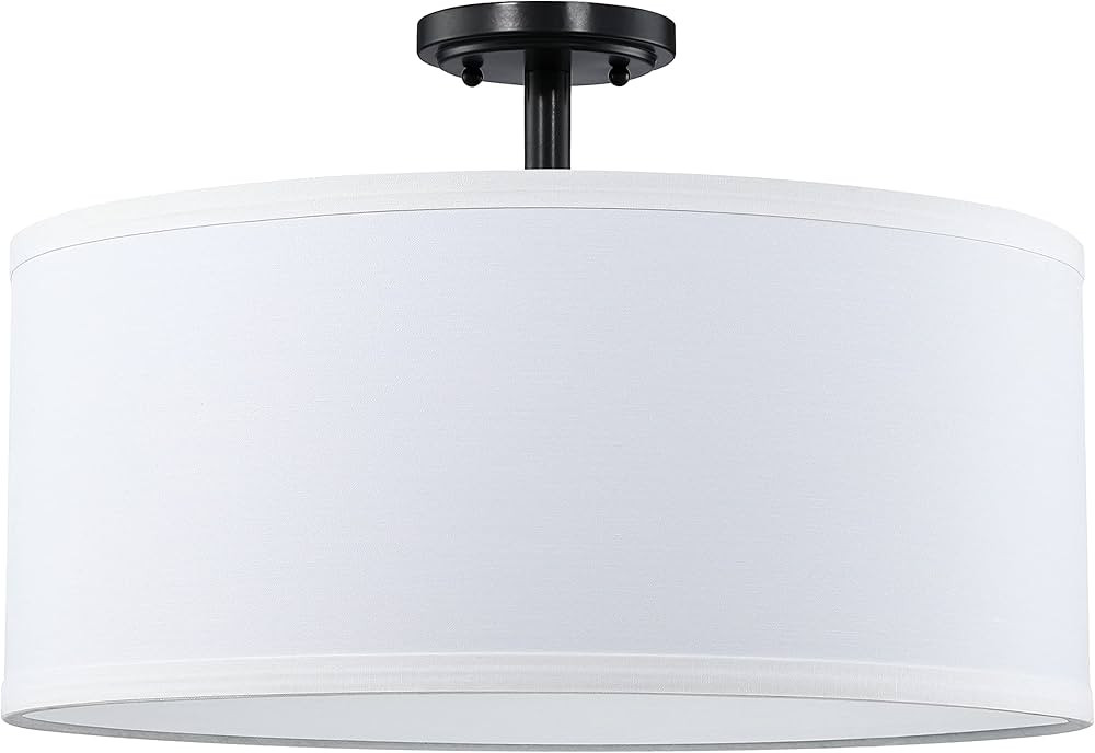 3 Light 20" Fabric Drum Shade Gold Semi Flush Mount Ceiling Light PS Diffuser with Black Finish, ... | Amazon (US)