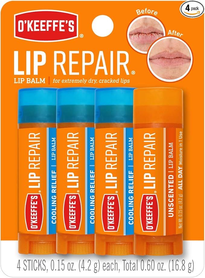 O'Keeffe's Lip Repair Lip Balm for Dry, Cracked Lips, Stick (Pack of 4: 3 Cooling + 1 Unscented) | Amazon (US)