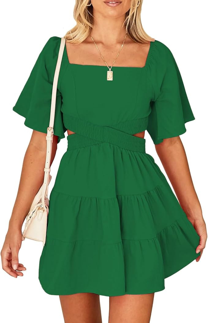 Shy Velvet Women's Summer Dress Square Neck Short Sleeves Crossover Waist Casual Party Mini Dress | Amazon (US)