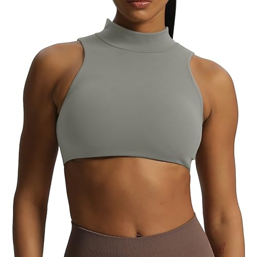 Aoxjox Women's Kim Cutout High Neck Tank Top Workout Sports Bras Fitness Padded Training Gym Bra Yoga Crop (Grey, Medium) | Amazon (US)