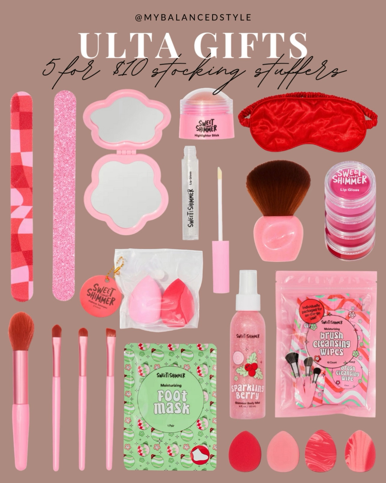 Ulta 5 for $10 stocking stuffers

lip gloss
mini makeup sets
hair clips and bows
press-on nails
mini nail polish
sparkly eyeshadow
makeup headbands
lip balm sets
cute makeup brushes

#LTKGiftGuide #LTKSaleAlert #LTKHoliday