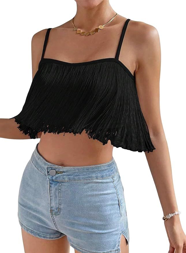 Womens Fringe Tank Tops - Festival Solid Tassel Hem Crop Cami Sleeveless Country Concert Outfits ... | Amazon (US)