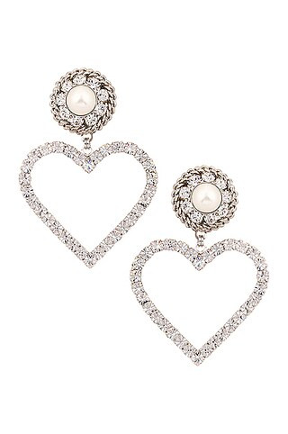 Alessandra Rich Crystal Heart Earrings with Pearl Clip in Metallic | FWRD 