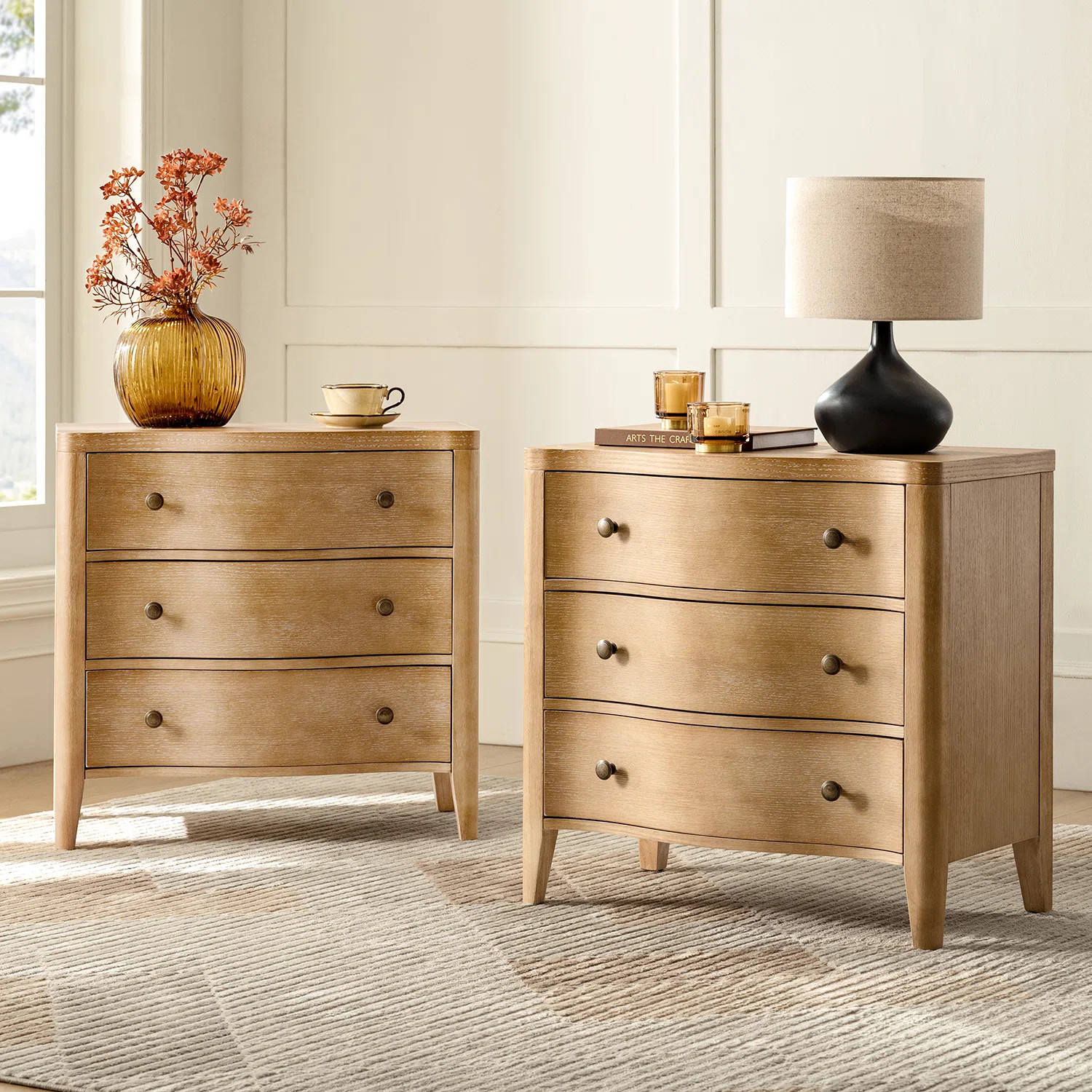 Kiaus Modern 27''W 3-Drawers Curves Nightstand with Built-In Charging Station(Set of 2) | Wayfair North America