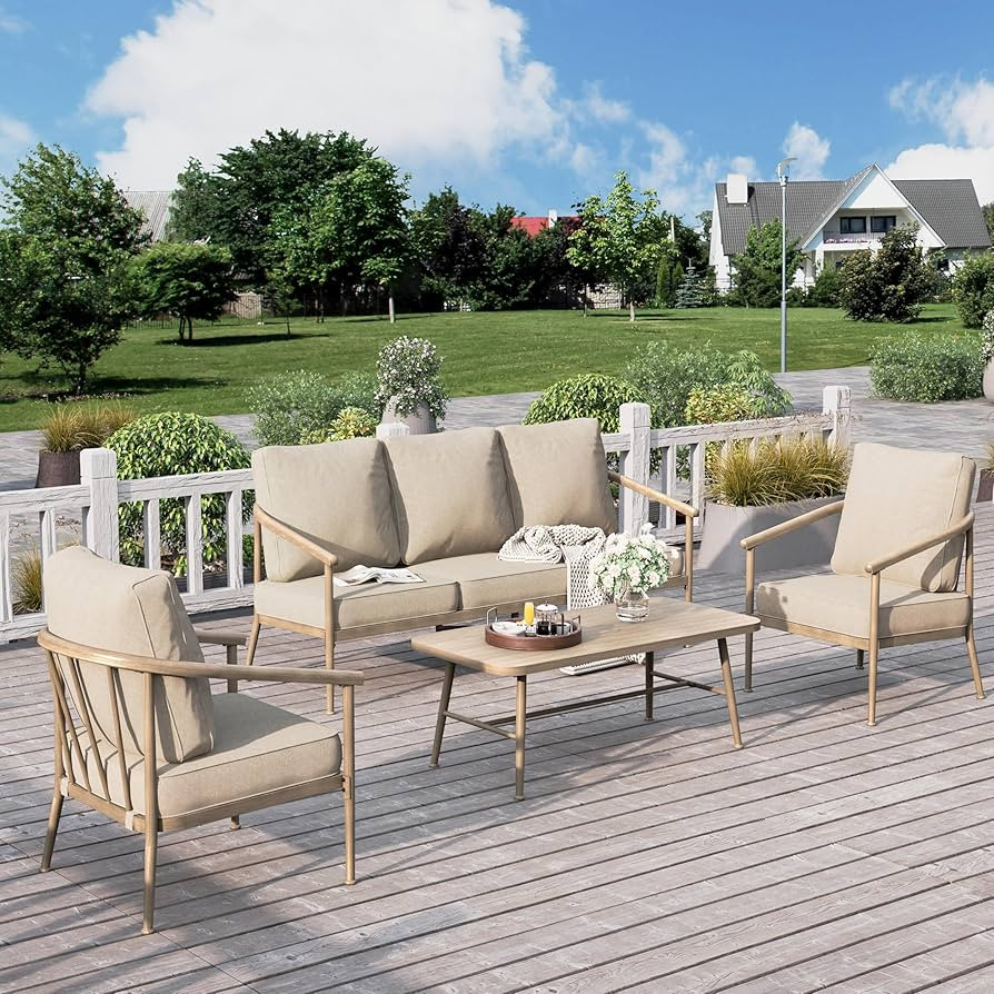 HERA'S HOUSE Patio Furniture Set, 2 x Cushioned Leg Chair, 3-Seat Sofa with Wood Grain Coffee Tab... | Amazon (US)