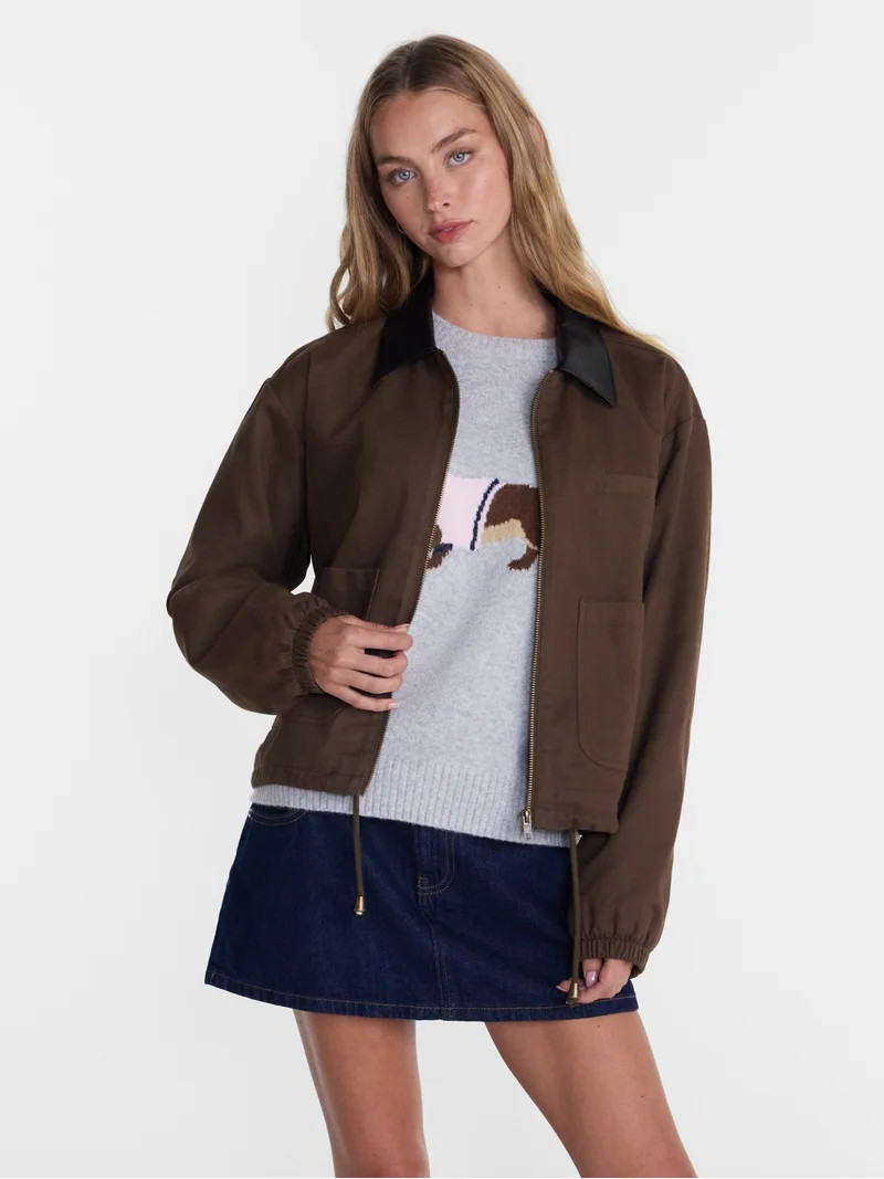 No Boundaries Cotton Twill Barn Jacket with Faux Leather Collar, Women's XXS-4X | Walmart (US)