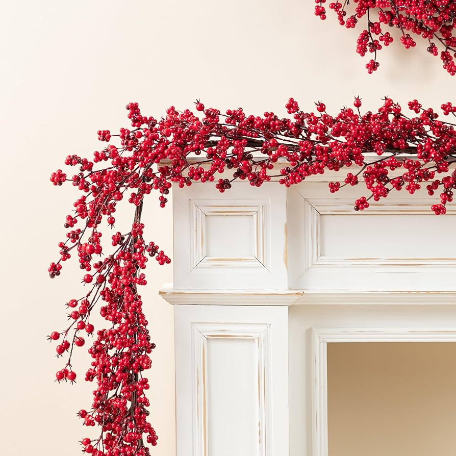 Glitzhome 6ft Christmas Red Berry Garland, Artificial Burgundy Red Berries Garland for Winter Chr... | Amazon (US)