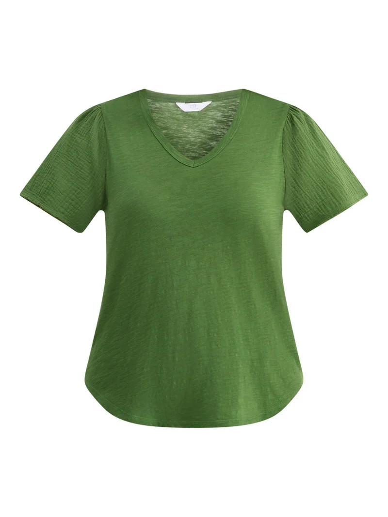 Time and Tru Women's Cotton Mixed Fabric V Neck Tee, Sizes XS-XXXL - Walmart.com | Walmart (US)