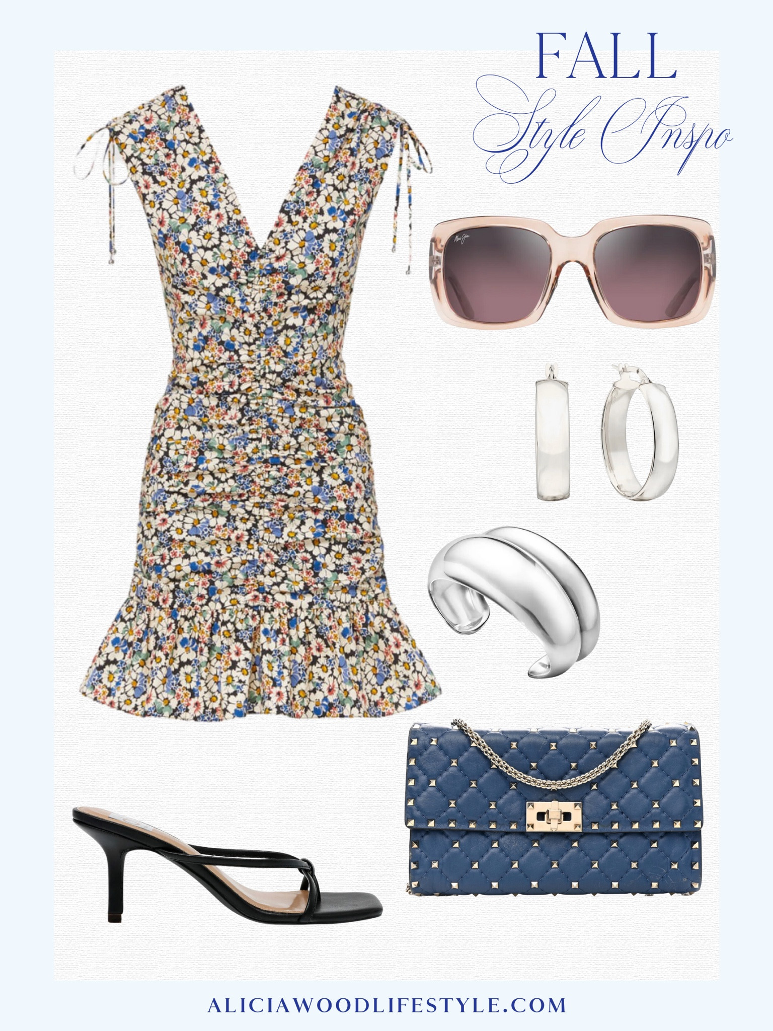 Fun fall inspiration that can go from day to night! 

Dark floral mini dress
Black strappy sandals
 Blue studded Valentino chain wallet 
Silver cuff bracelet 
Silver hoop earrings 
Pink sunglasses 

#LTKsalealert #LTKstyletip #LTKSale