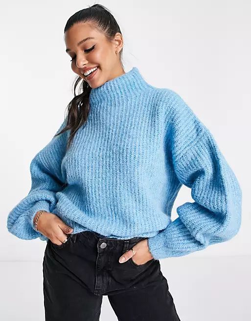 ASOS DESIGN high neck sweater in fluffy yarn in blue | ASOS (Global)