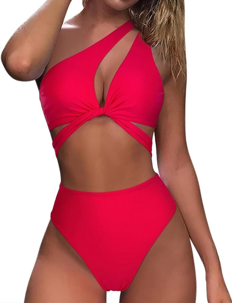 MOOSLOVER Women Sexy Cutout One Shoulder High Waisted Bikini Tie High Cut Two Piece Swimsuit | Amazon (US)