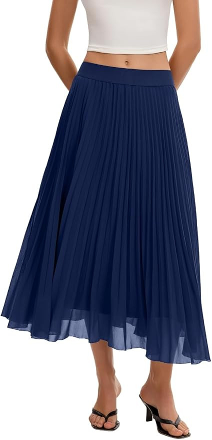 QINSEN Women's Elegant Flowy Pleated Chiffon Skirts Summer A-line Swing Midi Skirts Casual Elasti... | Amazon (US)