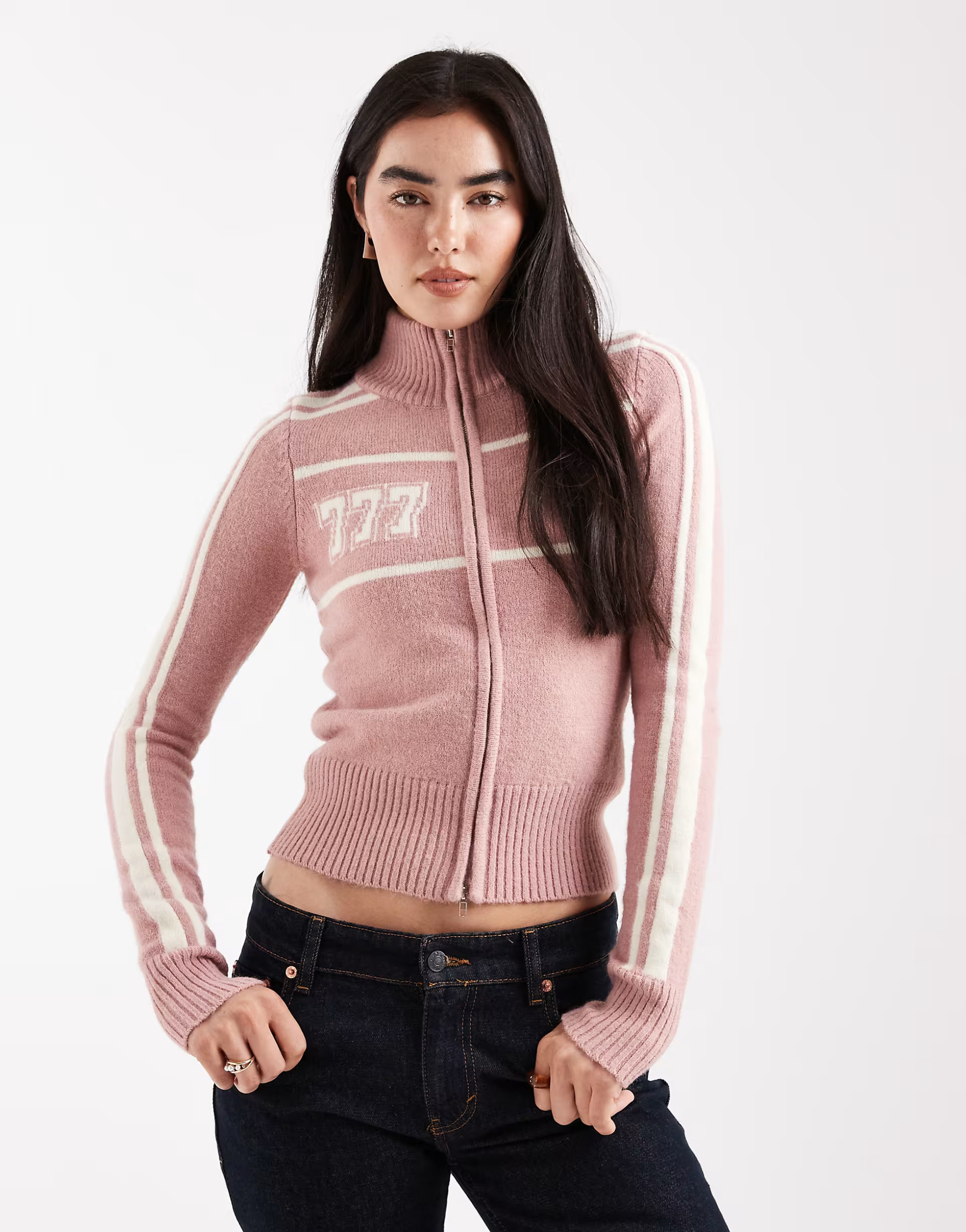 Daisy Street zip up high neck angel number knit in pink and cream | ASOS | ASOS (Global)