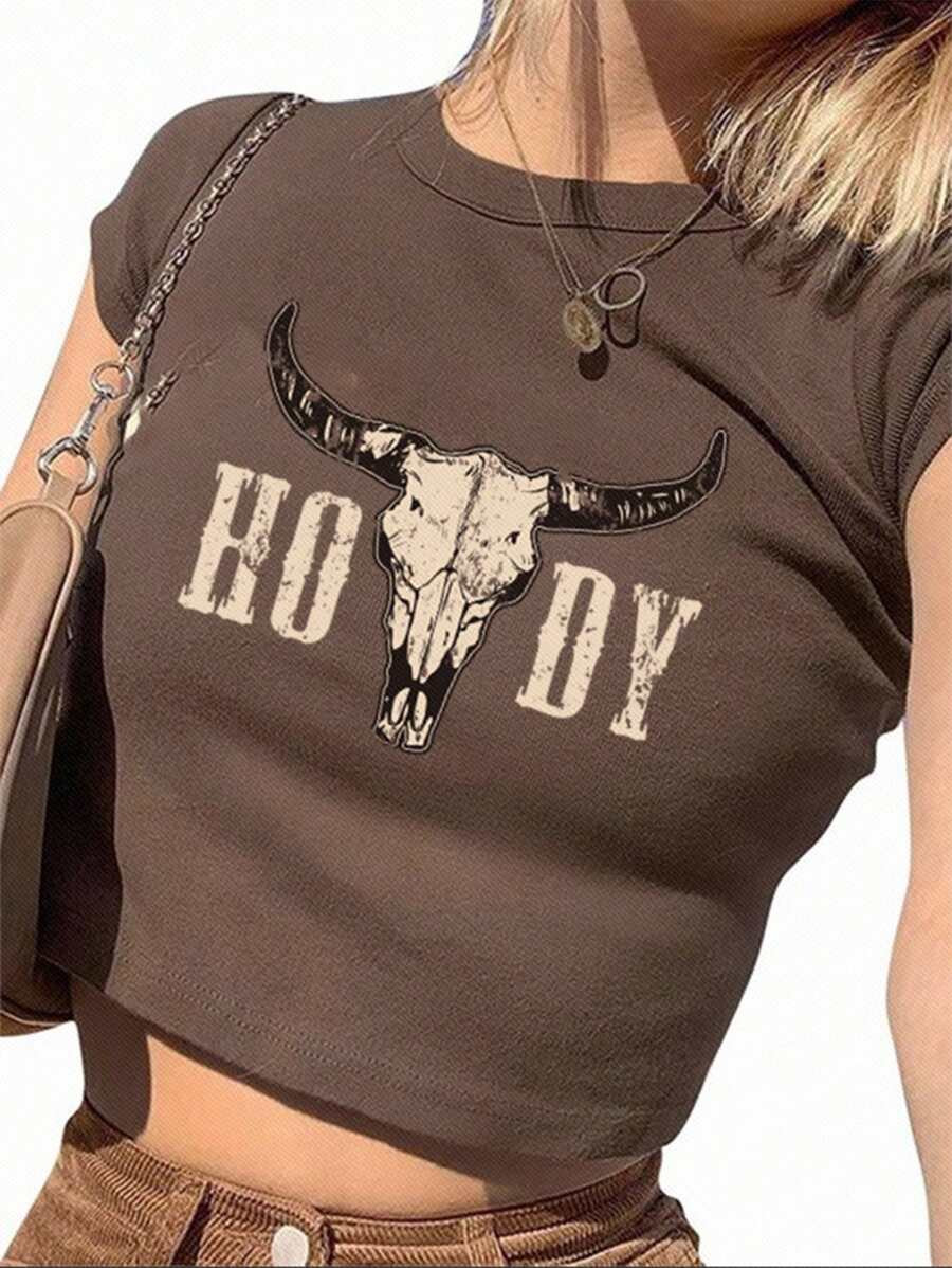 SHEIN EZwear Casual Western Cow Head Pattern Short Sleeve Crop Top, Perfect For Summer Music Fest... | SHEIN