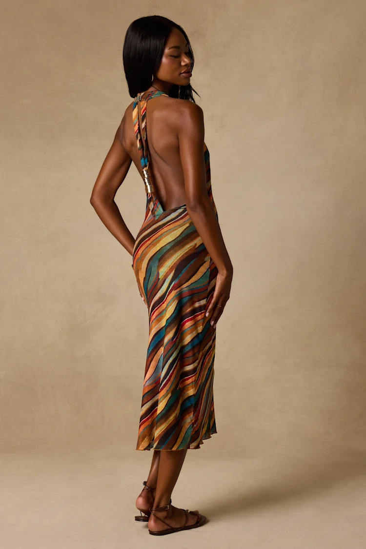 Keiani Orange Multi Print Backless Midi Dress | Lulus