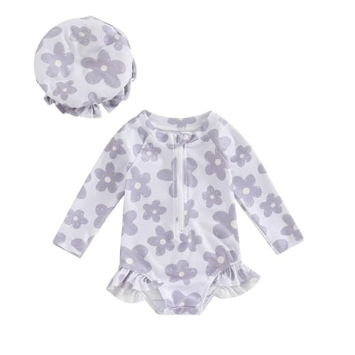 Toddler Baby Girl Cute Rash Guard Floral Long Sleeve Zipper Swimsuits Summer Beach Bathing Suits(J-Gray,2-3 Years) | Amazon (US)