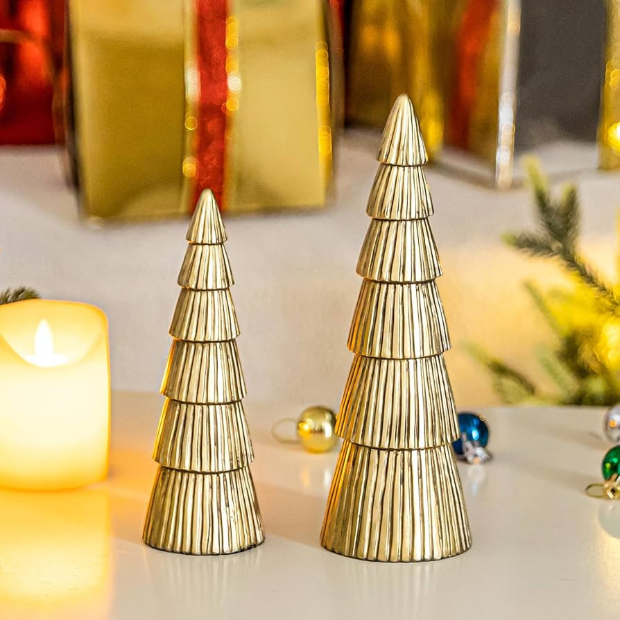 Christmas Tree Figurine, Table Top Small Gold Christmas Decorative Statues, Set of 2 Desk Centerp... | Amazon (US)