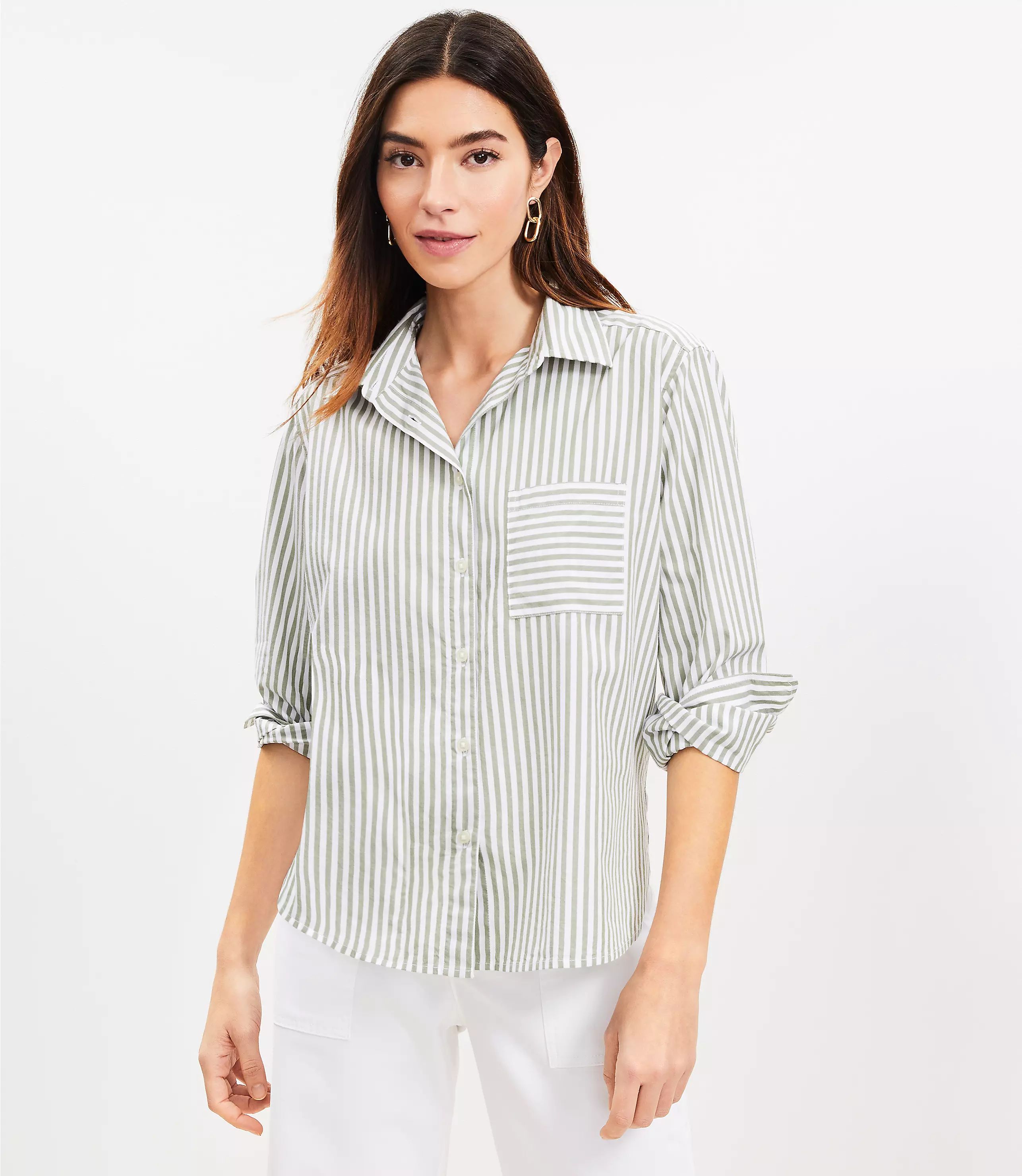 Stripe Cotton Blend Relaxed Pocket Shirt | LOFT