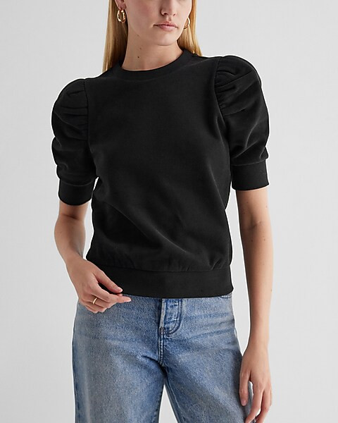 Crew Neck Short Puff Sleeve Fleece Sweatshirt | Express