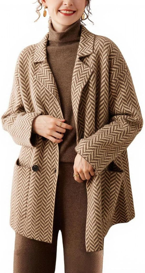 chouyatou Women's Herringbone Striped Cardigans Double Breasted Business Casual Knitted Sweater Coatigan Jacket | Amazon (US)