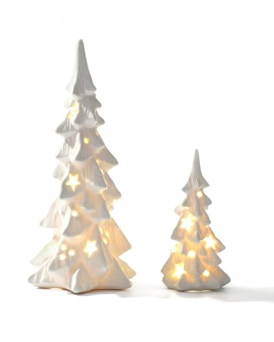 DN DECONATION White Ceramic Christmas Trees that Light Up, 2Pcs Porcelain Christmas Tree with Lights, Stars and Dots Cutout Prelit Tabletop Xmas Tree Figurines for Mantle Neutral Christmas Decor, Gift | Amazon (US)