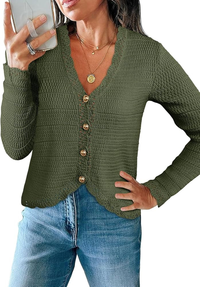Saodimallsu Womens V Neck Cardigan Sweaters Button Up Cropped Boho Knit Long Sleeve Loose Trendy ... | Amazon (US)
